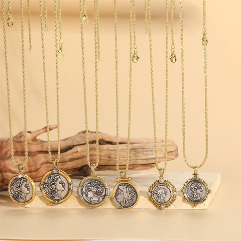 Vintage Antike Münzrelief Porträt Anhänger Kette Für Damen Kupfer Galvanisiert Tordierte Kette Strass Künstliche Perle Halskette