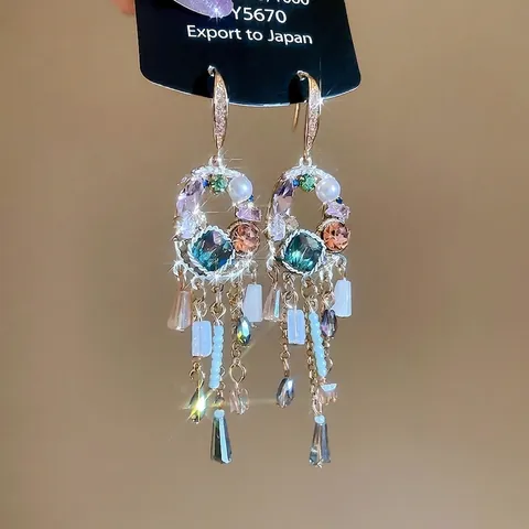 Colorful Crystal Rhinestone Long Tassel Earrings With Imitation Artificial Pearl Zircon Gold Alloy Bohemian Retro Style For Women