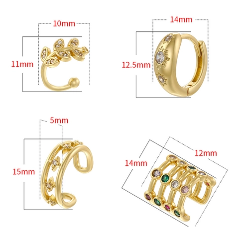 Multi Layer C-Shaped Ear Cuffs Brass Colorful Zirconia Hollow Leaf Star Design Non Piercing Jewelry For Women