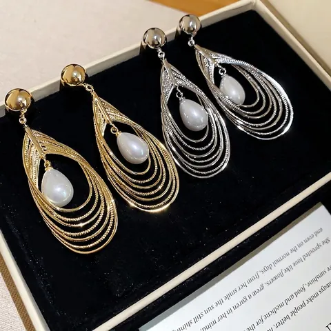 Teardrop Artificial Pearl Drop Earrings Multi Layer Hollow Alloy With 925 Sterling Silver Earring Post Vintage Luxury Jewelry For Women