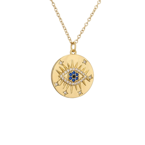 Western Fashion Copper Zirconia Evil Eye Pendant Necklace For Women Men Geometric Disk Gold Plated Charm Necklace Jewelry Gift