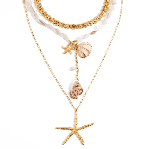 Collar De Múltiples Capas Acero Inoxidable Perla Agua Dulce Colgante Concha Estrella De Mar Cadena Cubana Joyería Playa