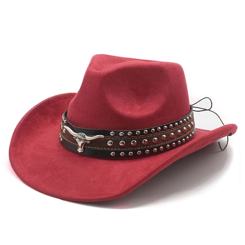 Western Cowboy Hat Faux Suede Wide Brim Vintage Bull Head Metal Rivet Decor Outdoor Ethnic Style Men Women
