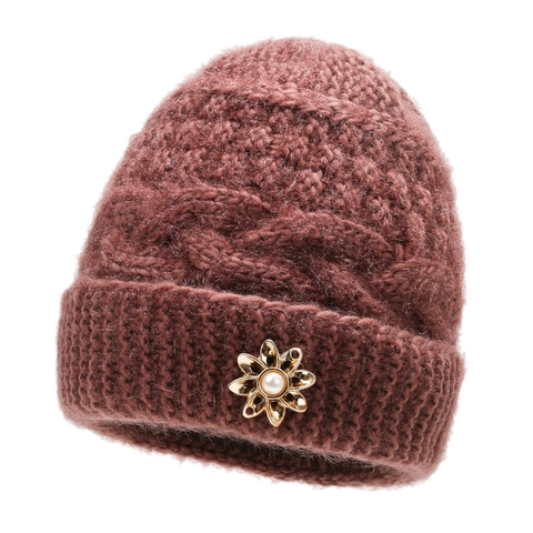 Women Winter Beanie Hat Fleece Lined Warm Knitted Cap With Golden Flower Artificial Pearl Brooch Elegant Retro Thickened Mothers
