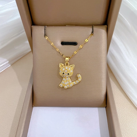 Collana Con Pendente A Gatto Catena In Acciaio Inossidabile Con Ciondolo In Rame E Zircone Gioiello Lucente Elegante Per Donna