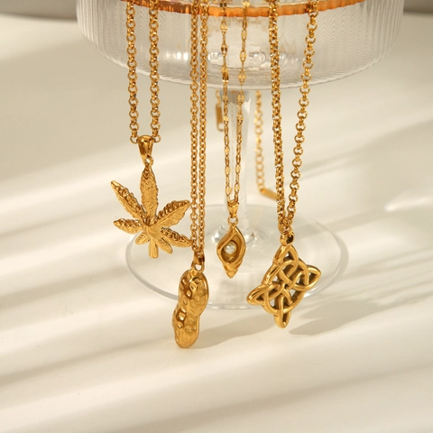 Collar De Colgante Acero Inoxidable Chapado En Oro 18K Impermeable Nudo Celta Concha Perla Artificial Cacahuete Hoja Joyería Unisex