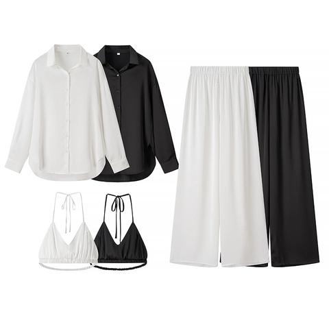 Women Satin Elegant Outfit Long Sleeve Shirt Halter Camisole And High Waist Wide Leg Pants Solid Color Streetwear