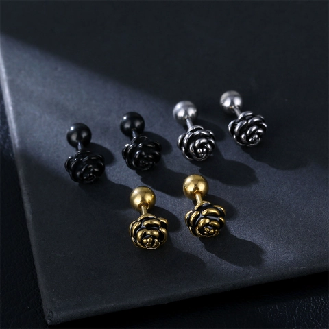 Rose Flower Stud Earrings 316L Stainless Steel Screw Ball Back Punk Vintage Hip Hop Jewelry For Women Men