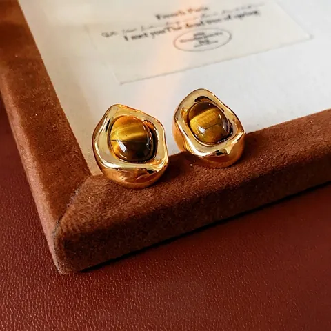 Vintage French Style Irregular Copper Stud Earrings With Silver Earring Post And Oval Tiger Eye Stone For Women