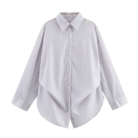 Women Long Sleeve Shirt Blouse Polyester Lapel Button Down Chest Pocket Irregular Asymmetric Hem Striped Solid Loose Top