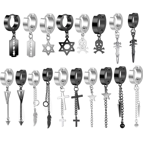 Stainless Steel Hoop Earrings Pendants Cross Spider Blade Dagger Punk Gothic Hip Hop Unisex Jewelry Cool