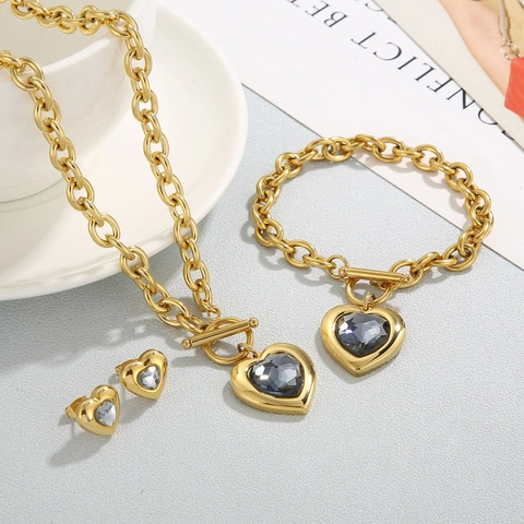 Heart Pendant Jewelry Stainless Steel Crystal Glass OT Buckle Toggle Clasp Necklace Bracelet Earrings For Women