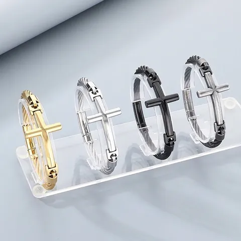 Brazalete De Cruz De Acero Inoxidable Para Hombre Pulsera De Alambre De Cable Trenzado Joyería De Rock Punk Religioso