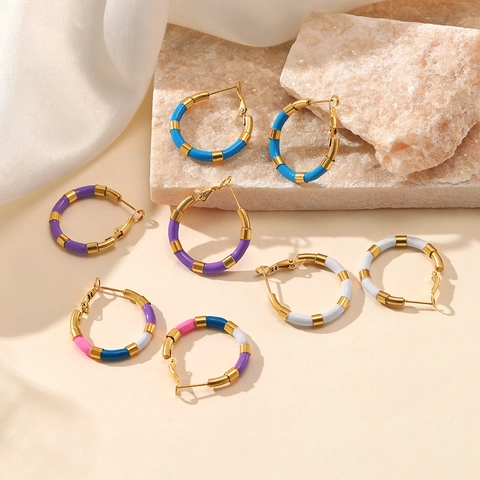 Stainless Steel Hoop Earrings With Colorful Enamel Drip Oil 18K Gold Plated Bamboo Segment Geometric Round For Women