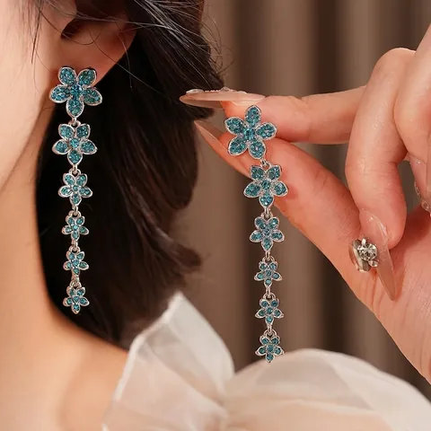 Orecchini Pendenti Con Fiori Vintage Da Donna Gioielli In Lega E Zircone Con Perno In Argento Sterling 925 Blu Elegante