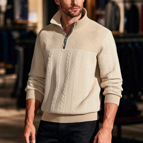Sudadera Para Hombre Con Media Cremallera Cuello Alzado Punto Texturizado Jacquard Pullover Estilo Casual