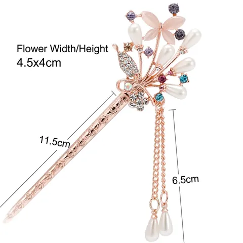 Vintage Alloy Flower Butterfly Hair Stick With Tassel Dangle Rhinestone Imitation Artificial Pearl Retro Elegant Hanfu Hair Jewelry