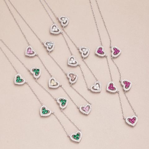 S925 Sterling Silver Heart Pendant Necklace Korean Style Multi Color Zircon Inlaid Clavicle Chain For Women Fashion Jewelry