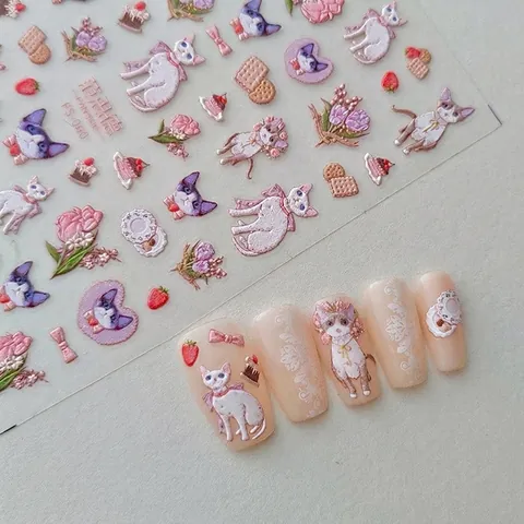 3D Relief Nail Stickers Cute Cartoon Cat Tulip Flower Strawberry Adhesive Decals For Manicure Decoration