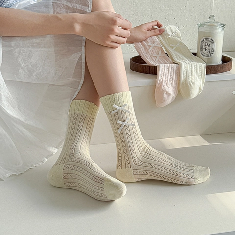 Calze Crew Donna Misto Cotone Maglia a Costine Fiocco Traspirante Dolce Stile Balletcore Calzetteria