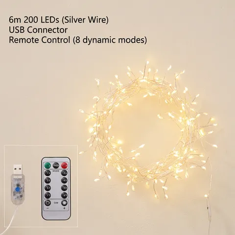 LED Christmas String Lights Firecracker Cluster Warm White Copper Wire Remote Control USB Plug Waterproof Holiday Decor