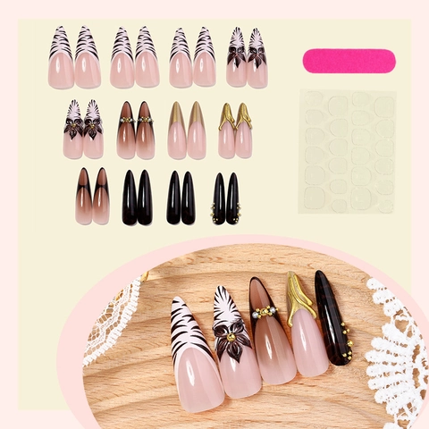 Press On Nails Style Français Imprimé Léopard Fleur 3D Dégradé Forme Stiletto Faux Ongles Artificiels Pour Femmes