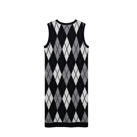 Argyle Knitted Vest Dress V Neck Sleeveless Casual Fashion Loose Waist Midi For Women