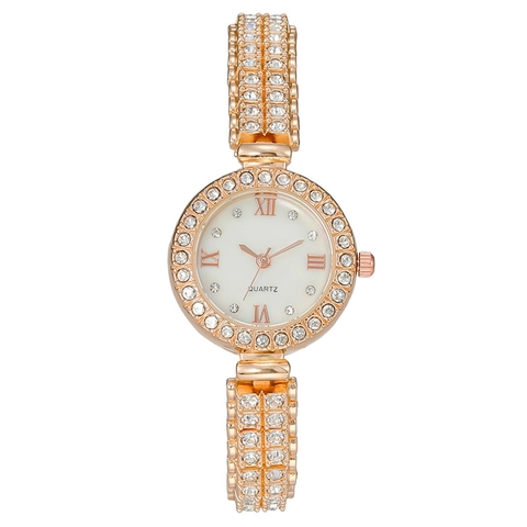 Orologio Al Quarzo Da Donna Con Intarsi In Strass Elegante Quadrante Tondo Cinturino In Metallo Numeri Romani Chiusura Gioiello