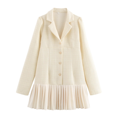 Tweed Blazer Mini Jurk Lange Mouwen Geplooide Zoom Pak Kraag Elegant Hoge Taille Knopen Voor Dames