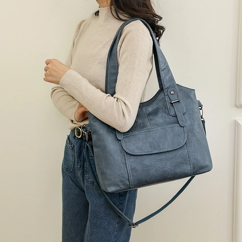 Bolso De Mano Tote Gran Capacidad Mujer Cuero PU Suave Retro Bolso De Hombro Correa Desmontable Bolsillo Con Solapa Diario
