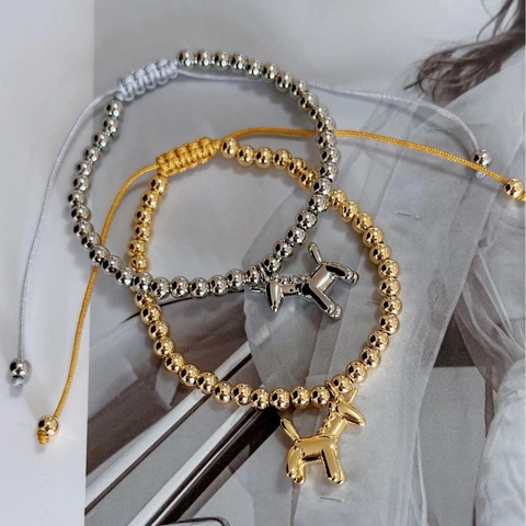 Βραχιόλι Με Χάντρες Χάλκινο Επιχρυσωμένο 18K Ρυθμιζόμενο Πλεχτό Κορδόνι Χαριτωμένο Σκυλάκι Μπαλόνι Μονόκερος Μενταγιόν Κοσμήματα Για Γυναίκες