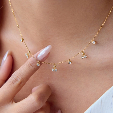 Collier Pendentif Cerise Acier Inoxydable Plaqué Or 18K Zirconia Bijoux Style Doux Pour Femmes Imperméable
