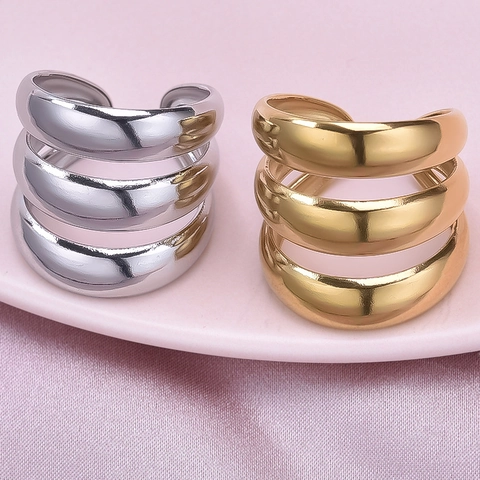 Stainless Steel Rings For Women Minimalist Multi Layer Curved Lines 18K Gold Plated Adjustable Open Ring High Polished Geometric