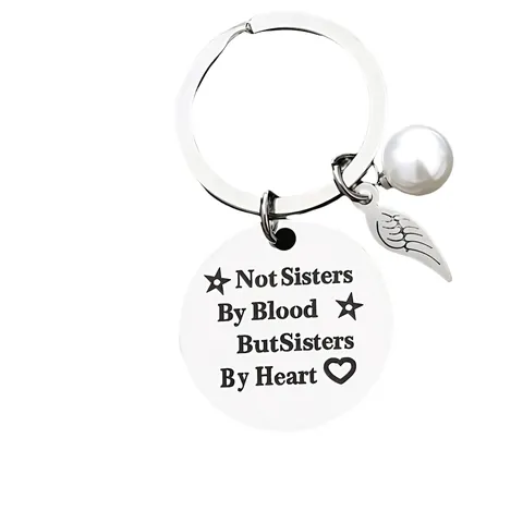 Sister Gift Stainless Steel Keychain Engraved Best Friend Keyring With Angel Wing And Artificial Pearl Friendship Jewelry For Women