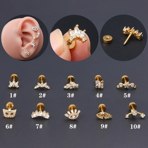 Copper Zircon Ear Cartilage Studs With Stainless Steel Post Flat Back Screw Piercing Jewelry For Helix Tragus Conch