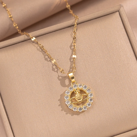 Collana Con Ciondolo Pianeta Saturno Rame Placcato Oro Con Zircone Catena In Acciaio Inossidabile Gioielli Per Donna
