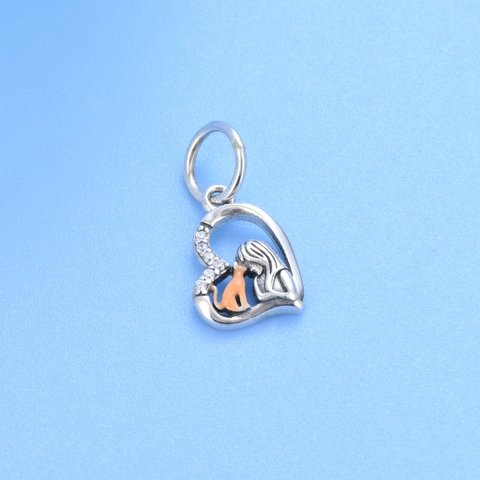Colgante De Corazón De Plata De Ley 925 Hueco Niña Y Gato Con Circonita Para Fabricación De Joyas Pulseras Collares