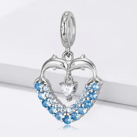 Dolphin Heart Charm Pendant 925 Sterling Silver Blue Zircon Ocean Theme For DIY Bracelet Jewelry Making Gift