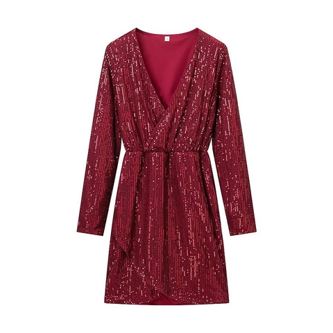 Women Deep V Neck Sequin Long Sleeve Wrap Midi Dress Elegant Sparkling Ruched Waist Party Evening Cocktail Occasion Dress