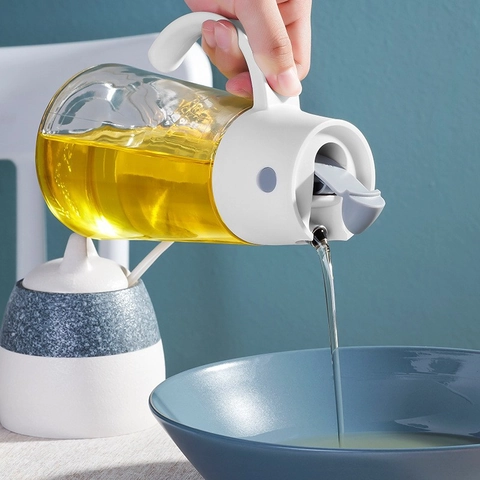 Glass Oil Dispenser Bottle Automatic Flip Gravity Lid Leak Proof Vinegar Cruet Kitchen Storage Container With Handle
