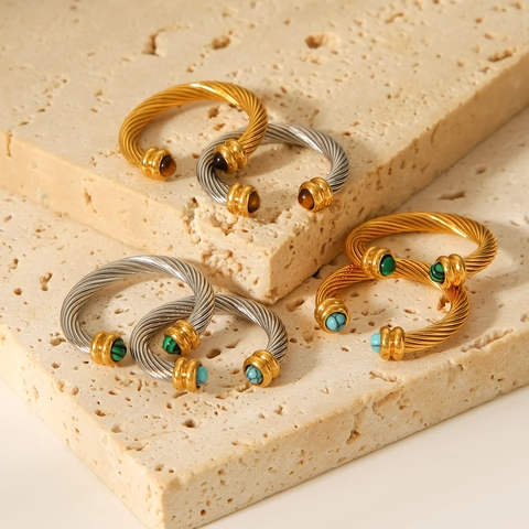 Adjustable Open Ring Stainless Steel Cable Spiral Twisted Jewelry Inlaid Malachite Turquoise Tiger Eye Vintage For Women
