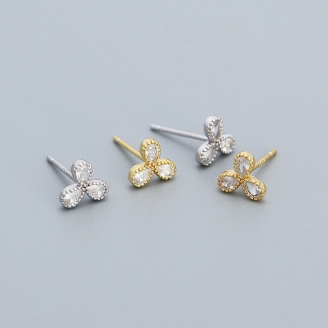 925 Sterling Silver Clover Stud Earrings Three Petal Flower Zircon Minimalist Elegant Fashion Jewelry For Women