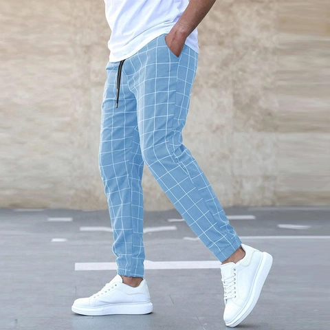 Men's Fashion Plaid Jogger Pants Streetwear Casual Slim Fit Grid Pattern Trousers With Drawstring Pockets Polyester Trousers