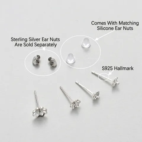 925 Sterling Silver Earring Post Findings Floral Tray Cup Pin Settings DIY Jewelry Making Handmade Component