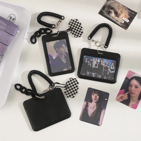 Black ID Card Holder With Spring Coil Keychain And Checkerboard Cloud Pendant Plastic Horizontal Vertical Protection Sleeve