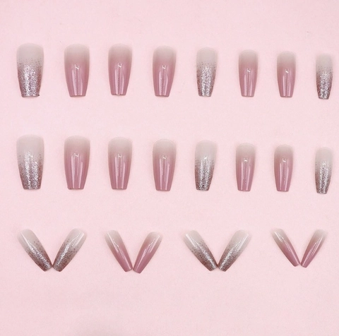 Faux Ongles Cercueil Dégradé Rose Miroitement Brillant Paillettes Élégant Ongles À Presser Style Doux Pour Femmes Filles