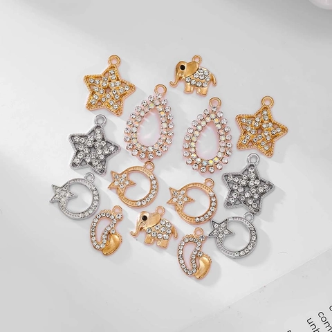 Legierungsanhänger Strass Charms DIY Schmuckherstellung Pendants Stern Mond Elefant Wasser Tropfen KC Gold Silber Plattiert