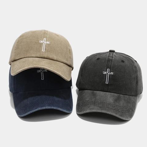 Berretto Da Baseball In Cotone Lavato Ricamo Croce Gesù Vintage Protezione Solare Regolabile Cappello Casual Unisex
