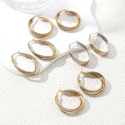 304 Stainless Steel Hoop Earrings Multi Layered Two Tone Geometric Minimalist Textured For Women Elegant Jewelry