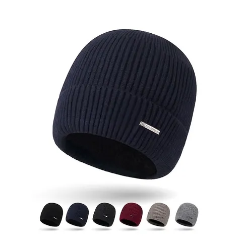 Herren Winter Beanie Mütze Rippstrick Umschlag Weiches Kernspinngarn Warm Winddicht Ski Skull Cap Mit Metall Logo Dekor